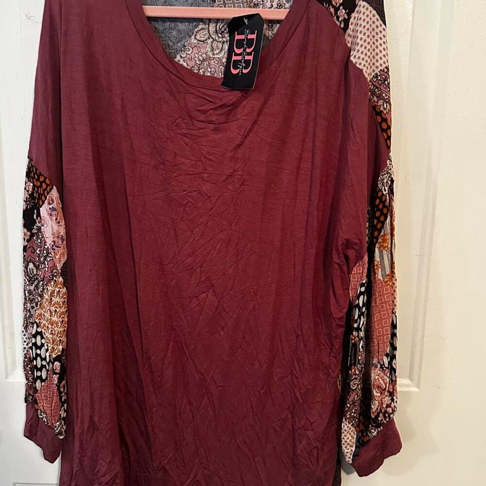 NWT Jade by Jane Boho Patchwork Floral Paisley Burgundy Tunic Top